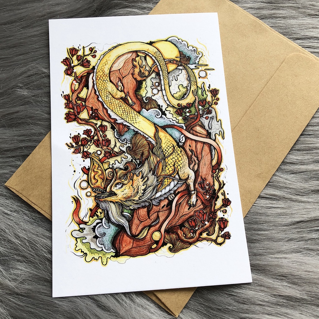 Postcard, Thiệp chúc mừng, Tranh trang trí BST Hình vẽ 12 Con Giáp Việt Nam  kèm bao thư Kraft
