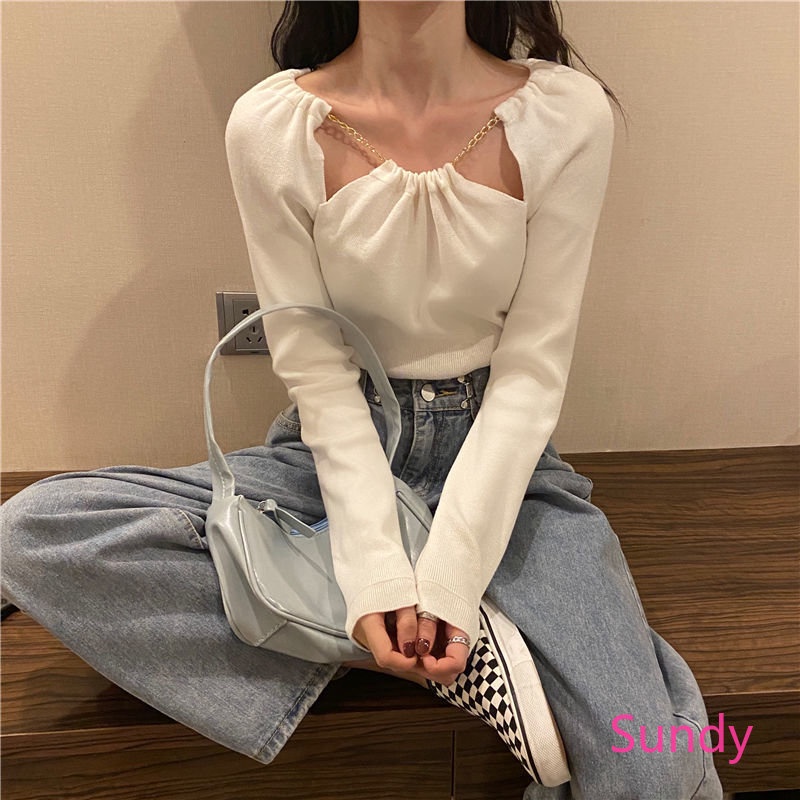 Áo Kiểu Tay Dài Phối Dây Xích Phong Cách Thời Trang Mùa Thu Hàn Quốc Cho Nữ