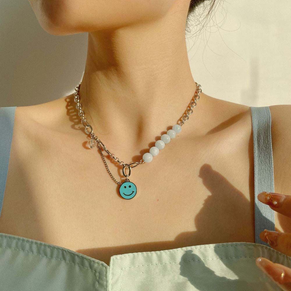 Vòng cổ choker mặt tròn hình mặt cười màu xanh dương phong cách Hàn Quốc thanh lịch cho nữ