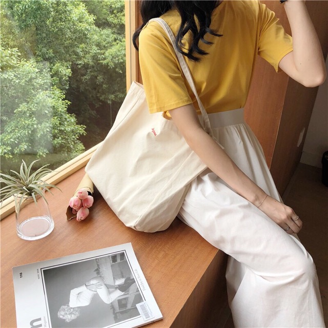 Túi tote vải canvas đựng đồ cỡ lớn đi học đi chơi phong các  Hàn Quốc Bounjour