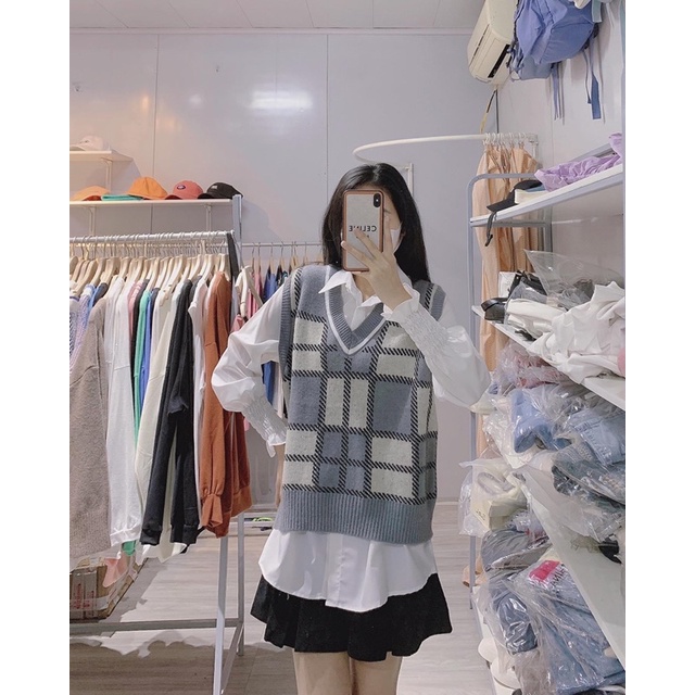 Áo gile hoạ tiết ô vuông áo len thổ cẩm chất đẹp Lizhouse