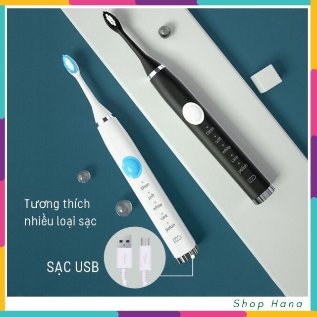 [Free Ship] Bàn Chải Đánh Răng Tự Động Sonic 5 Cấp độ với 4 đầu bàn chải làm sạch, làm sáng và làm trắng răng HNH017