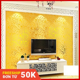 Giấy dán tường hoa lá cách điệu dát vàng khổ 10m x 53cm - 3D296