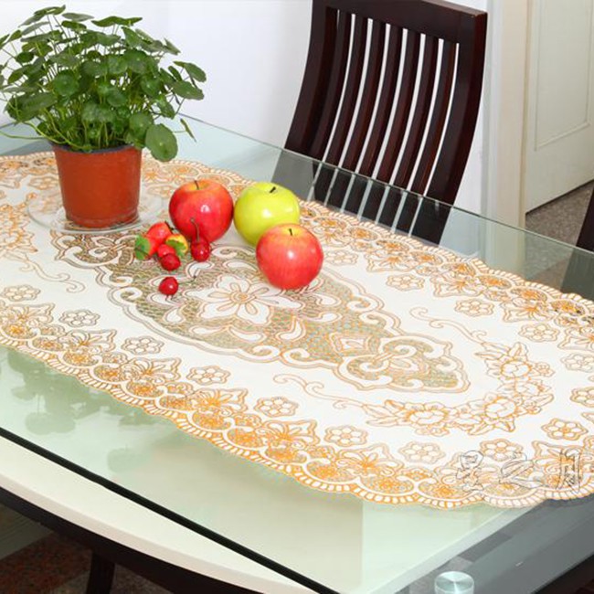 Bộ 3 Khăn Trải Bàn Ăn Oval 40x80cm Nhũ Vàng-Trắng Sang Trọng