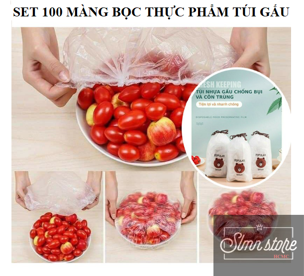 Set 100 màng bọc thực phẩm túi gấu  Màng bọc thực phẩm PE có chun bọc đồ ăn co giãn tái sử dụng nhiều lần. SD1_MangBocTP