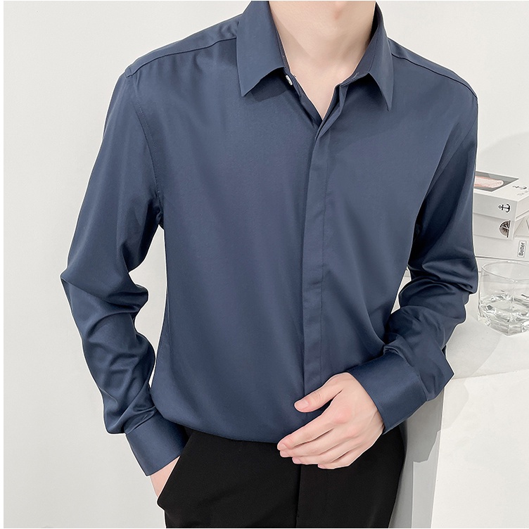 Áo sơ mi nam lụa trơn cao cấp không nhăn kiểu giấu cúc Đen Trắng Nâu - form đẹp vừa ôm , suông rộng thời trang Hàn Quốc