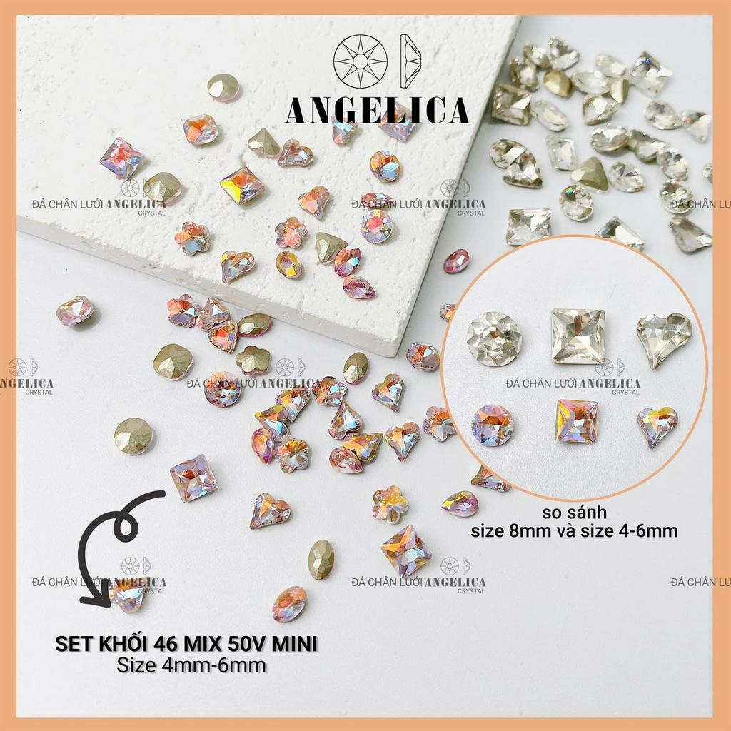 Set đá khối chân nhọn 50 viên mini mix size màu trắng, trà, 7 màu, ab ánh xanh, phụ kiện ngành nail