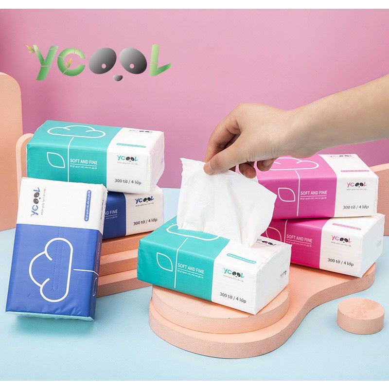 Thùng 24 gói /300 tờ/4 lớp Khăn Giấy Rút/ Khăn Giấy Lụa Cao Cấp YCOOL  Nhiều Màu