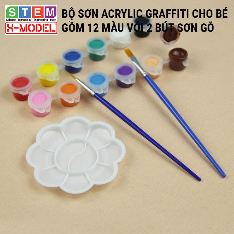 Bộ dụng cụ tô màu acrylic graffiti 12 màu tặng kèm 2 cọ sơn vẽ tô màu phụ kiện đồ chơi sáng tạo ST12-M X-MODEL