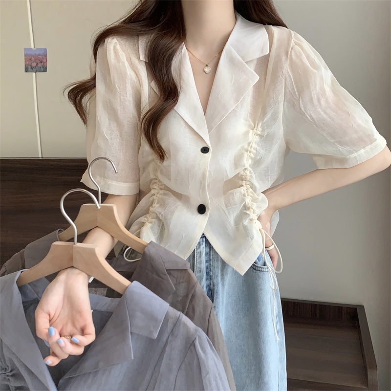 Áo sơ mi IELGY tay lửng cổ polo phối dây rút thời trang tùy chọn màu sắc dành cho nữ