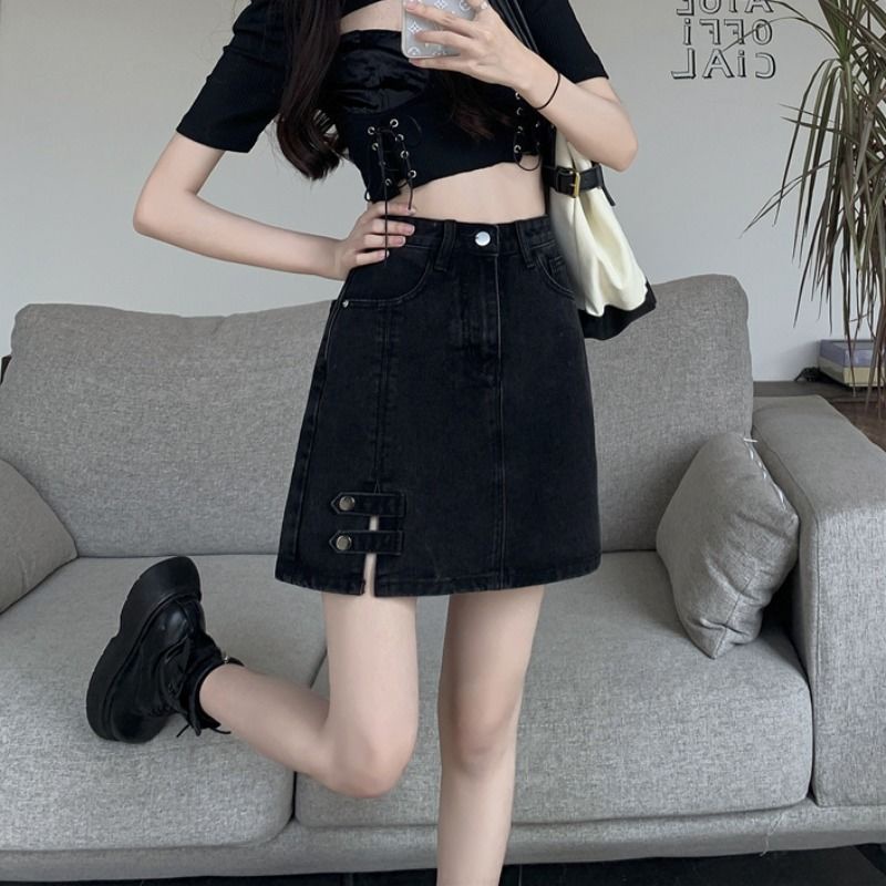 Jiashucheng Chân Váy Denim Ngắn Lưng Cao Dáng Ôm Xẻ Tà Thời Trang Mùa Hè Mới Cho Nữ