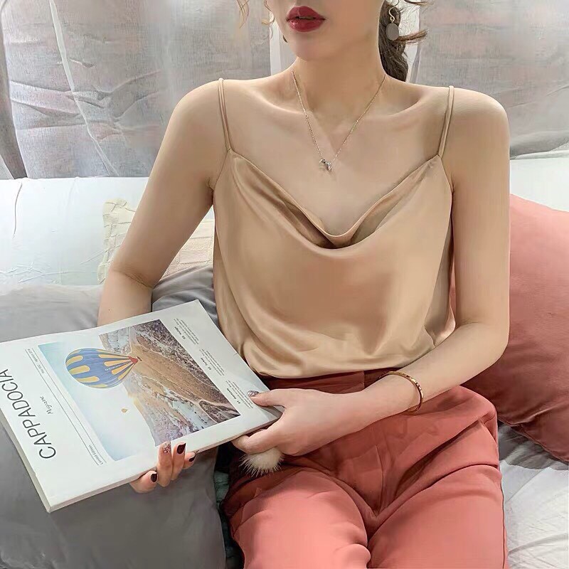 Áo hai dây bún kiểu cổ đổ chất phi lụa siêu mềm mịn cực xinh và hot