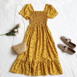 Đầm Tay Ngắn Chất Chiffon Hoạ Tiết Hoa Phong Cách Hàn Quốc