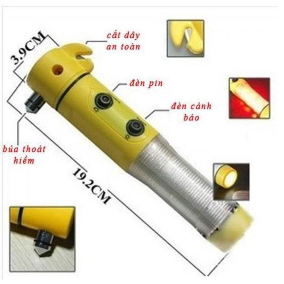 Búa thoát hiểm ô tô 4 in 1 – Dụng cụ phá kính, đèn cảnh báo khẩn cấp (tặng Pin)