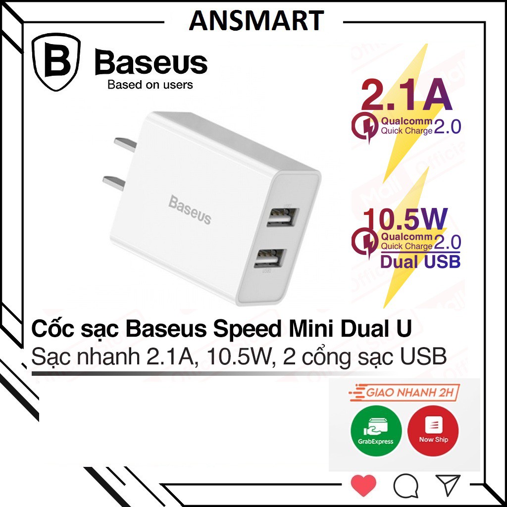 Củ sạc Baseus 2 cổng USB suất 10,5W củ sạc nhanh 2.1A cho điện thoại thông minh - máy tính bảng