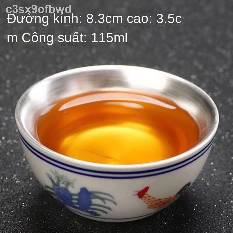 ☇ Chén trà bạc mạ vàng thủ công chính hãng 999 sterling tách cốc chủ đơn gốm sứ dát quà tặng cao cấp