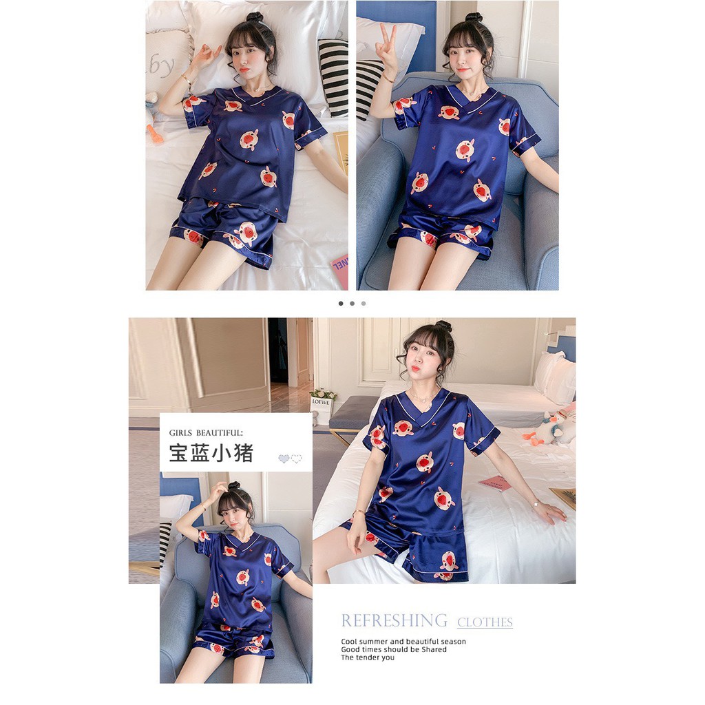 Bộ đồ ngủ lụa 🌸Hàng Quảng Châu🌸 pijama cộc tay mặc nhà ulzzang in hình họa tiết dễ thương sia clothing