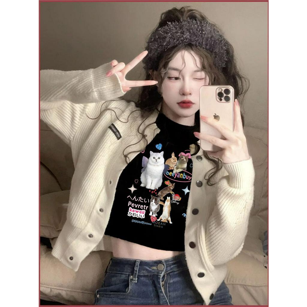 Xiaozhainv baby tee Áo Thun Croptop Tay Ngắn Dáng Ôm Vải Cotton In Họa Tiết Kiểu Vintage Thời Trang Mùa Hè Cho Nữ