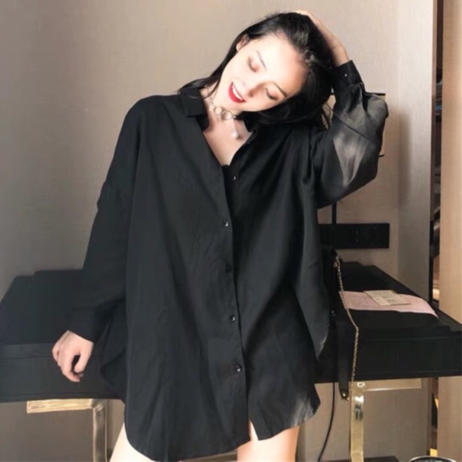 Áo Sơ Mi Nữ Form Rộng Khoác Ngoài Dài Tay màu đen &amp; trắng HAF05 Hỉn Hỉn Store