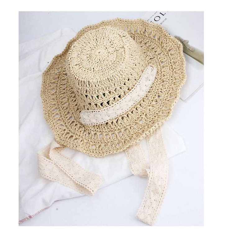 Mũ cói đi biển Vành rộng đan thưa cột dây ren trắng -phong cách Vintage