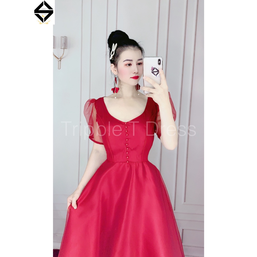 Đầm maxi xòe dự tiệc hay mặc cưới nhẹ nhàng tay ngắn phồng có nơ lưng nhỏ xinh TRIPBLE T DRESS - size M/L - MS316V