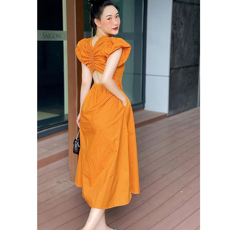 Đầm thô rút dây lưng cổ tròn Váy chiết eo tay bồng tiểu thư sang chảnh | BigBuy360 - bigbuy360.vn