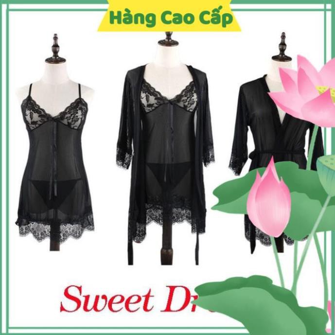 Váy Ngủ Sexy Gợi Cảm Váy Ngủ Ren Hoa Ngực Kèm Áo Choàng Ngủ Quyến Rũ (Màu Đen) | BigBuy360 - bigbuy360.vn