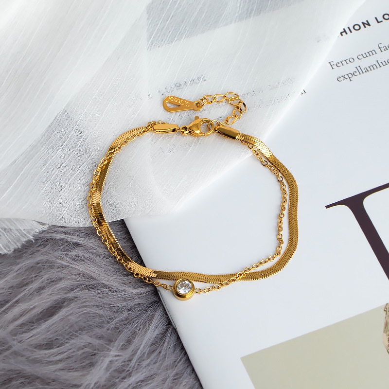 Vòng Tay Hai Lớp Bằng Thép Titan Đính Kim Cương Giả Cao Cấp Phong Cách Mới Đơn Giản Thời Trang Dành Cho Nữ