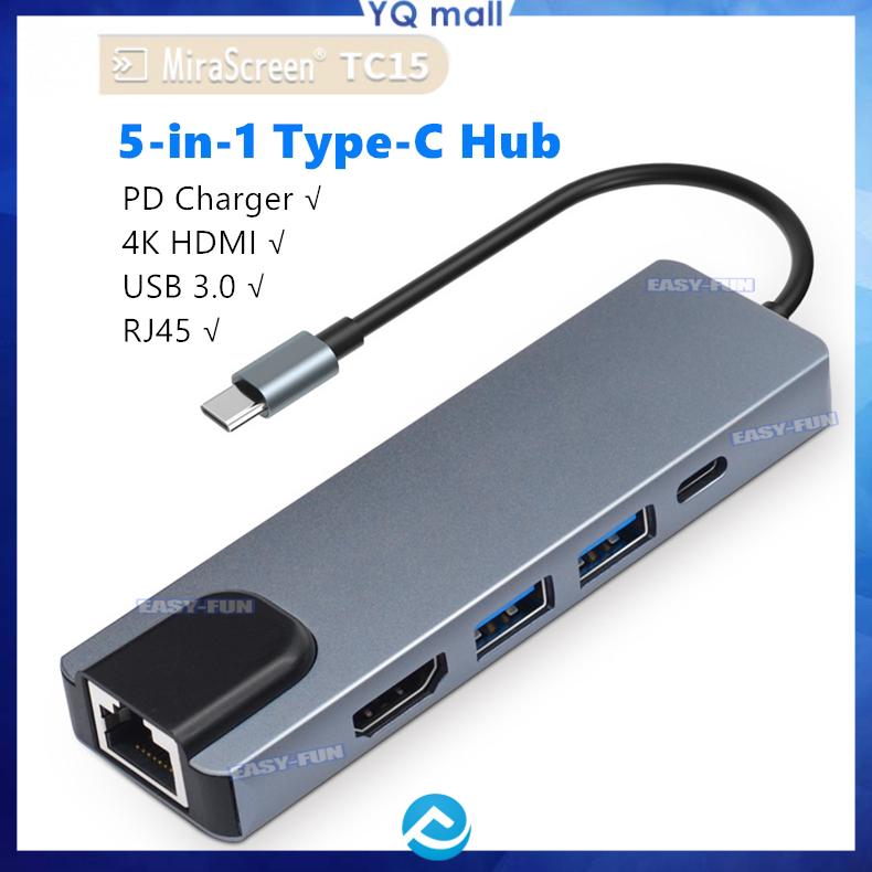 Bộ hub chia cổng USB 3.0 5 trong 1 Type-C tốc độ cao 4K HDMI/ Rj45 Gigabit/ PD cho MacBook Pro/Air