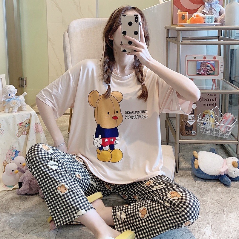 Bộ ngủ pijama nữ ngắn tay quần kẻ nhiều màu | BigBuy360 - bigbuy360.vn