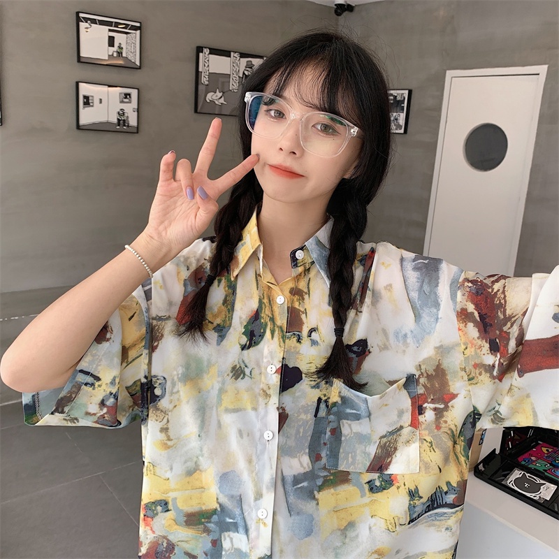 SUXI Áo Sơ Mi Tay Ngắn In Họa Tiết Phong Cách Retro Hàn Quốc