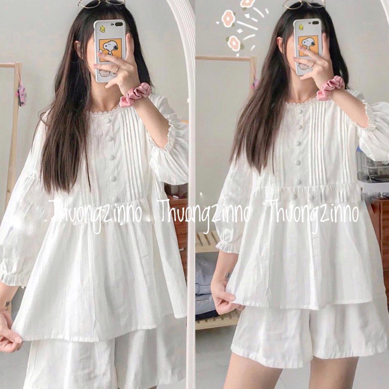 Áo babydoll cúc bọc tiểu thư Áo sơ mi nữ cổ ren tay bèo phong cách ulzzang