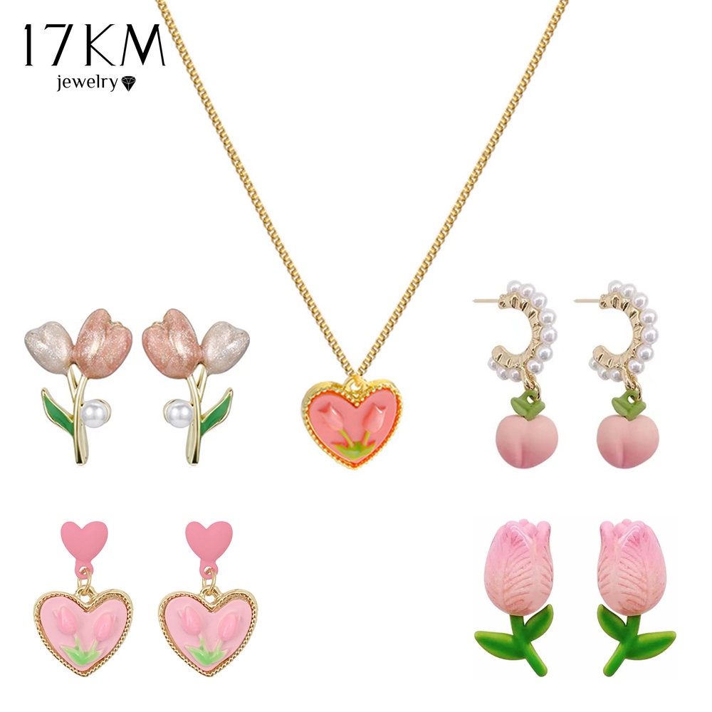 Vòng cổ 17KM mặt dây hình trái tim họa tiết hoa tulip xỏ hạt ngọc trai giả/Khuyên tai kiểu dáng dễ thương cho nữ