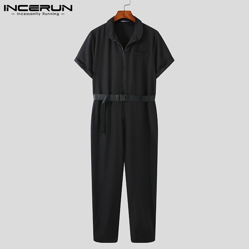 Áo liền quần INCERUN tay ngắn cổ bẻ có thắt lưng phối dây kéo thời trang cho nam