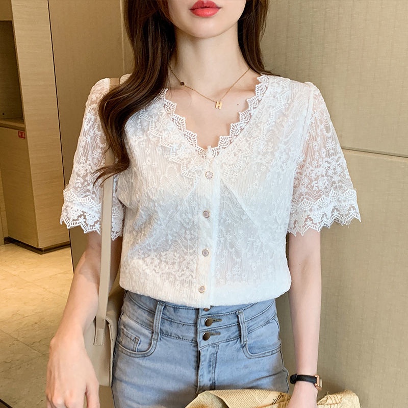 Áo Sơ Mi chiffon Ngắn Tay Phối Ren Cổ Chữ V Thiết Kế Mới Thời Trang Mùa Hè Cho Nữ