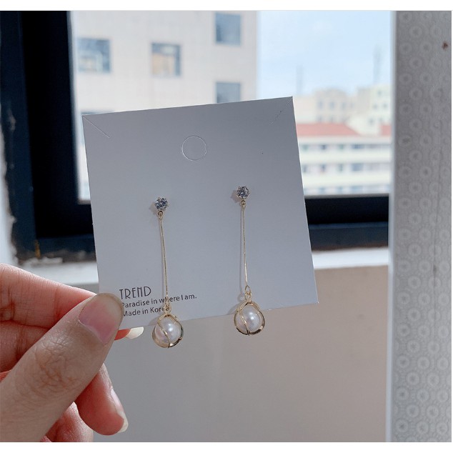 Bông tai Bạc 925 Phong Cách Hàn Quốc - HẠT CHÂU BỌC KIỂU SỢI DÀI ( Cao Cấp )- ẢNH CHỤP THẬT