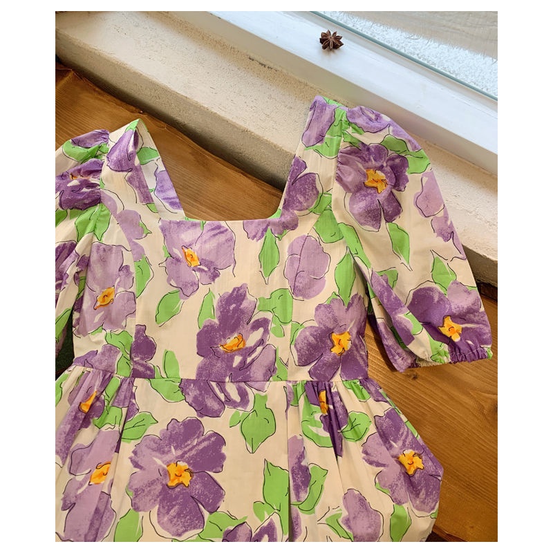 Đầm Chữ A Cổ Vuông Tay Phồng Dáng Rộng In Họa Tiết Kiểu Retro Pháp Thời Trang Mùa Hè Mới 2021