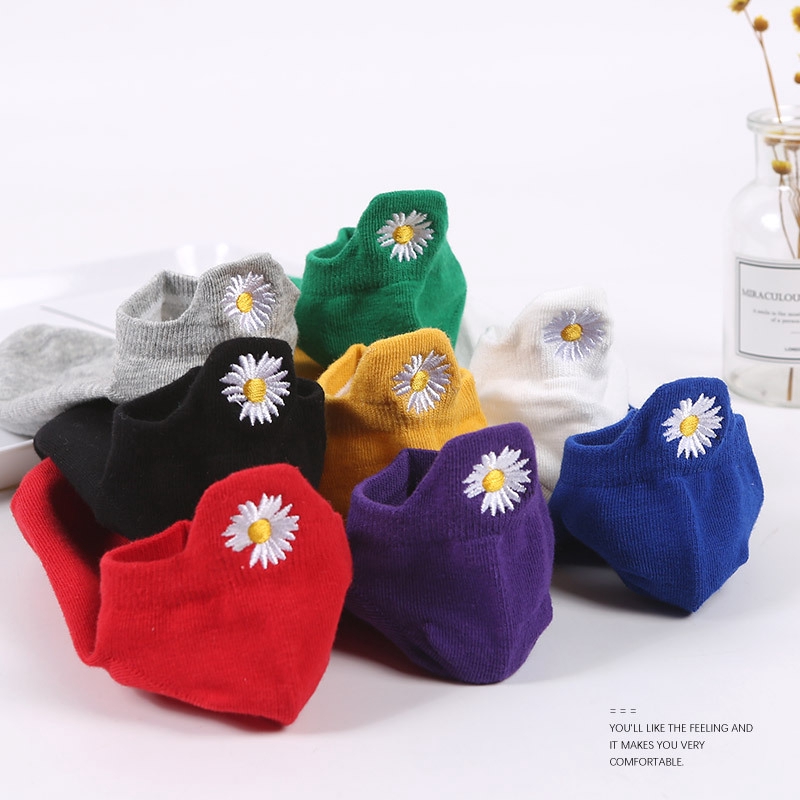 Colorful Cute Cat Embroid Solid Color Ankle Boot Socks Women Cotton White Girls Student Anklet Socks Non Slip Low Cut Socks