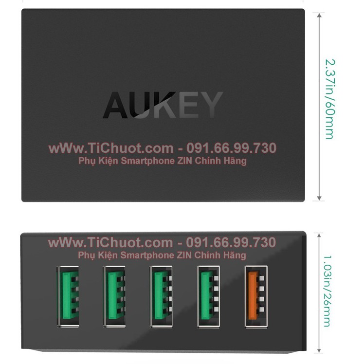 Sạc Nhanh AUKEY PAT1 5 cổng 54W QC 2.0,có kèm cáp 1m