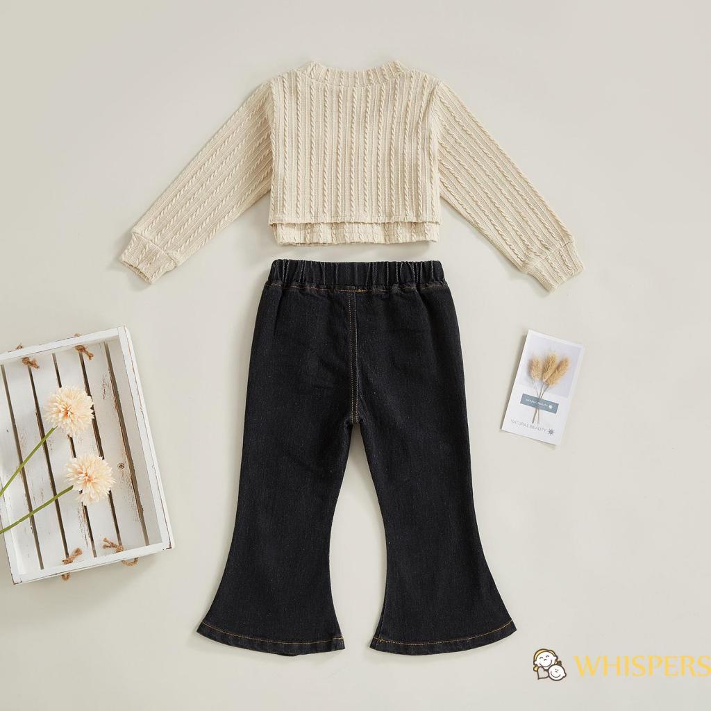 Set Áo Thun Dài Tay Trơn Màu + Quần Denim Ống Loe Thời Trang Dành Cho Bé Gái