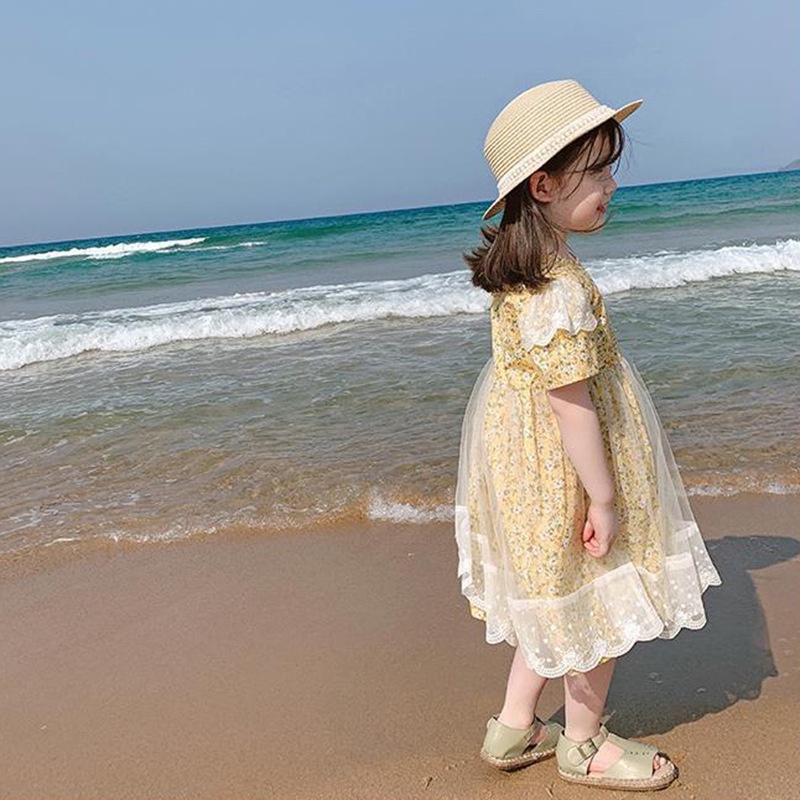 Đầm Cotton Phối Lưới In Hoa Xinh Xắn Cho Bé Gái Màu Vàng/Hồng