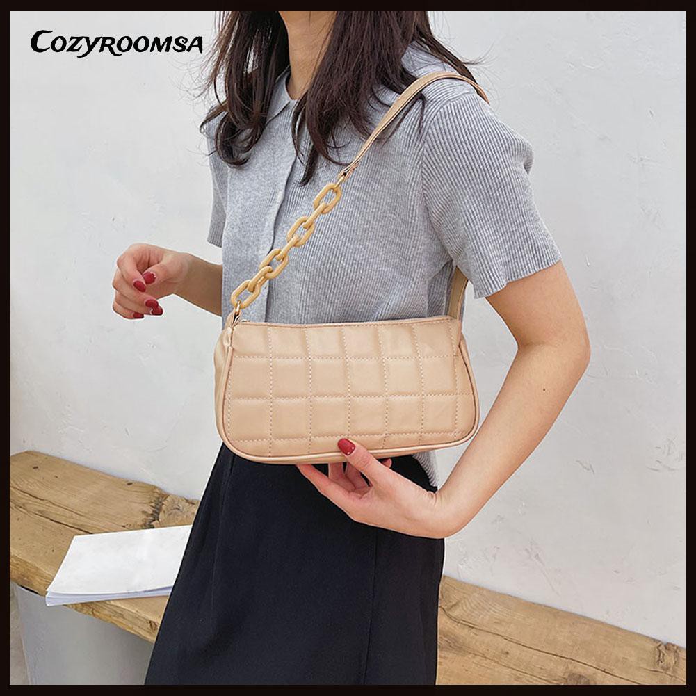 Retro Women Plaid Pattern Pure Color PU Shoulder Underarm Bag Chain Handbag