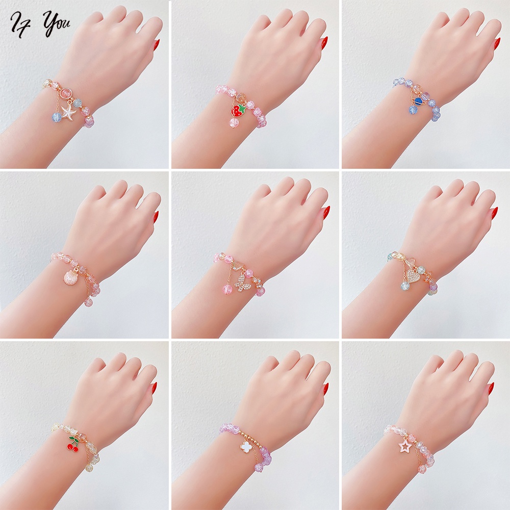 Vòng đeo tay AY kiểu chuỗi hạt thủy tinh mặt thỏ sao biển hoạt hình đầy màu sắc thời trang dành cho nữ