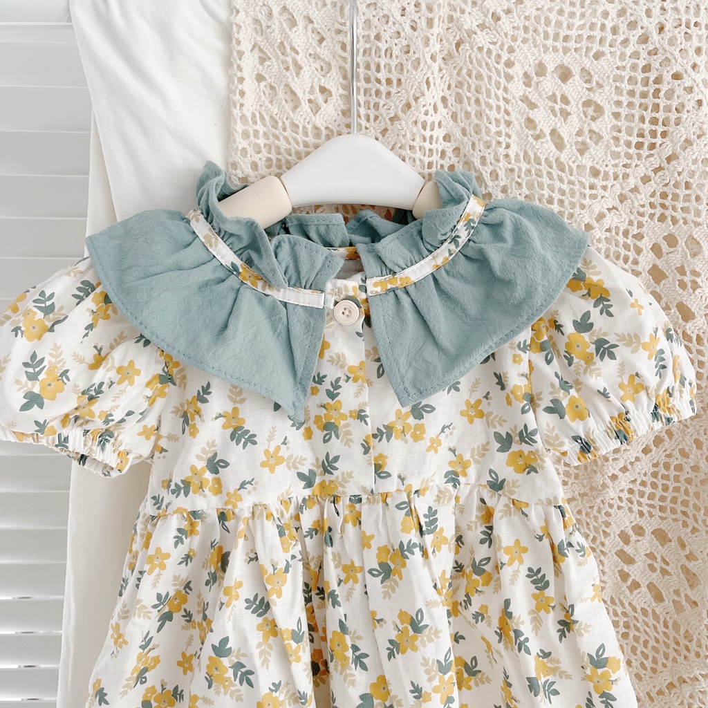 Váy hè cộc tay hoa nhí cổ bèo xanh 8-21kg (1-6 tuổi)