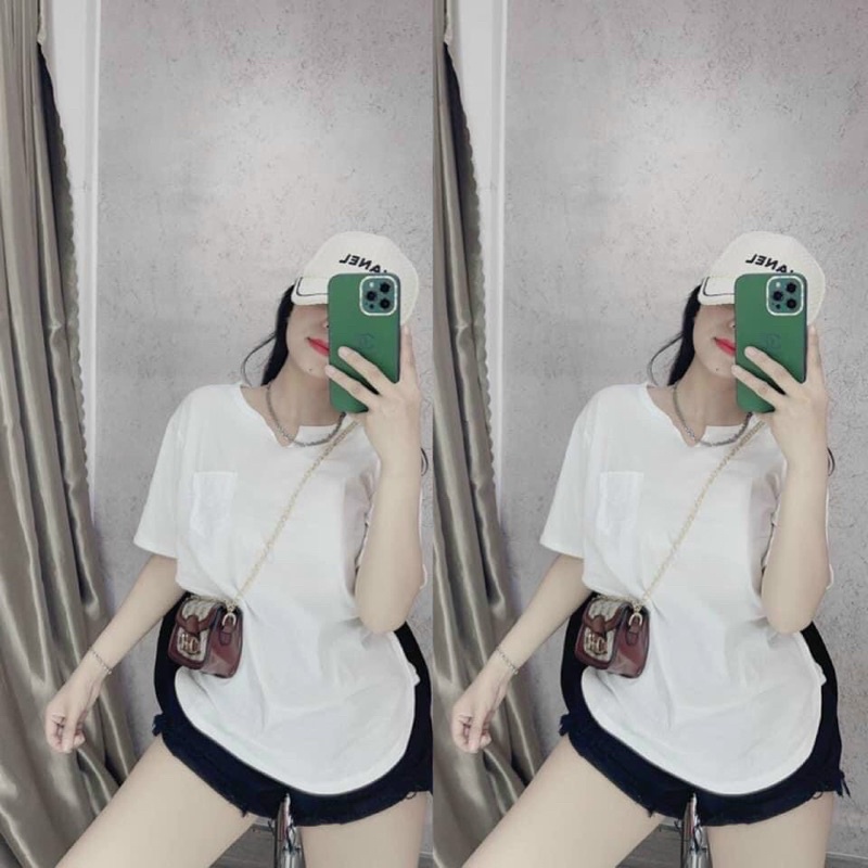 Áo thun xược cotton giấy nữ cổ tròn xẻ V- thun giấy- kiểu dáng thanh lich dễ phối đồ