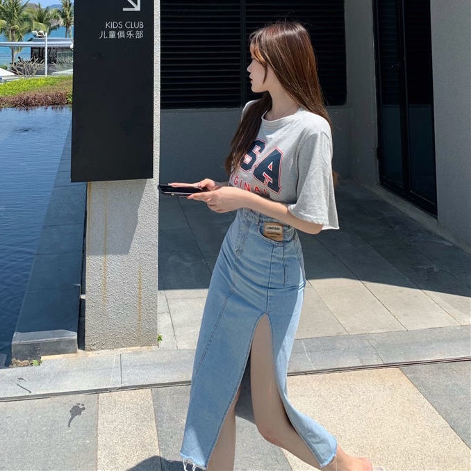 Set Áo Thun Ngắn Tay Và Chân váy jean Xẻ Tà Thời Trang Dành Cho Nữ