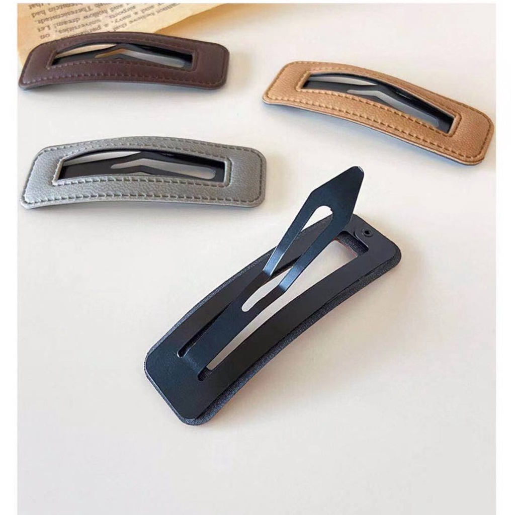 PK782 Kẹp tóc  dạng clip đen bọc da trơn màu phong cách tối giản theo phong cách Hàn Quốc