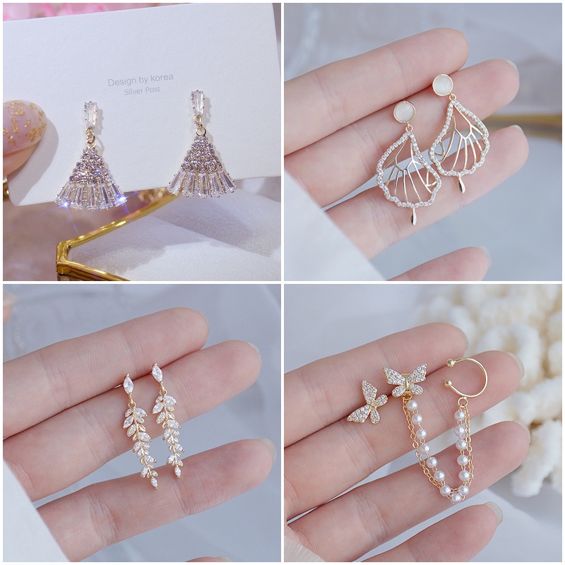 Bông Tai Mạ Vàng 14k Hình Chiếc Lá Đính Đá Zircon