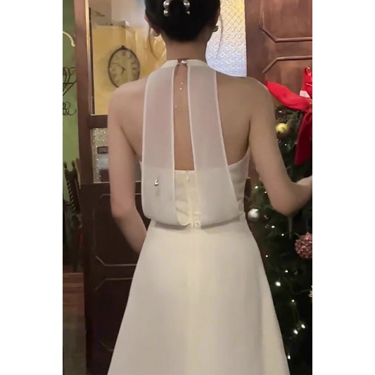 ĐẦM MIDI TRẮNG CỔ YẾM LƯNG KIỂU