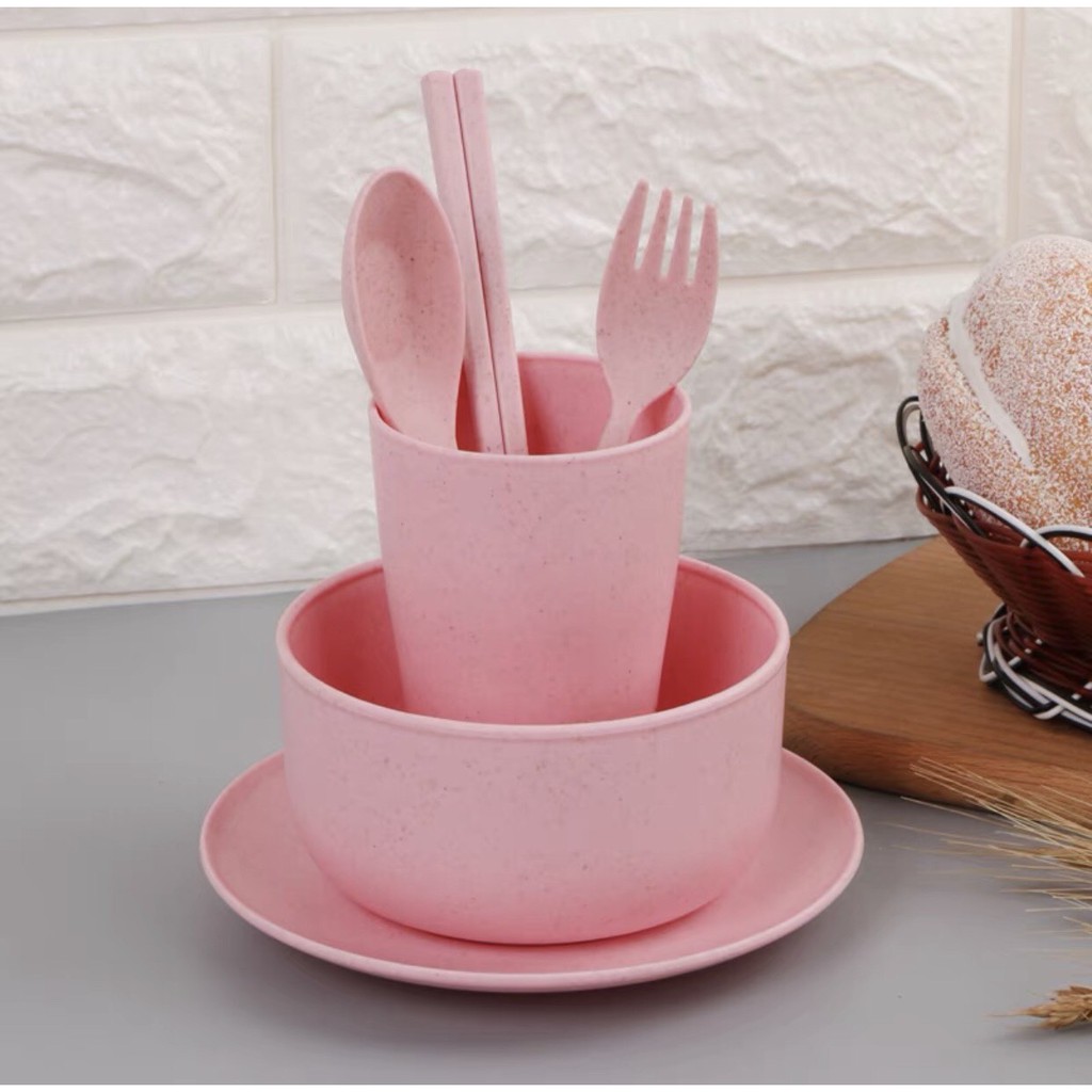 Hàng Loại 1 - Bộ Tô (Bát) Chén Muỗng Đĩa Nĩa Đũa Dĩa Ly Bằng Lúa Mạch Màu Pastel - Combo 6 Món - HÀNG CÓ SẴN